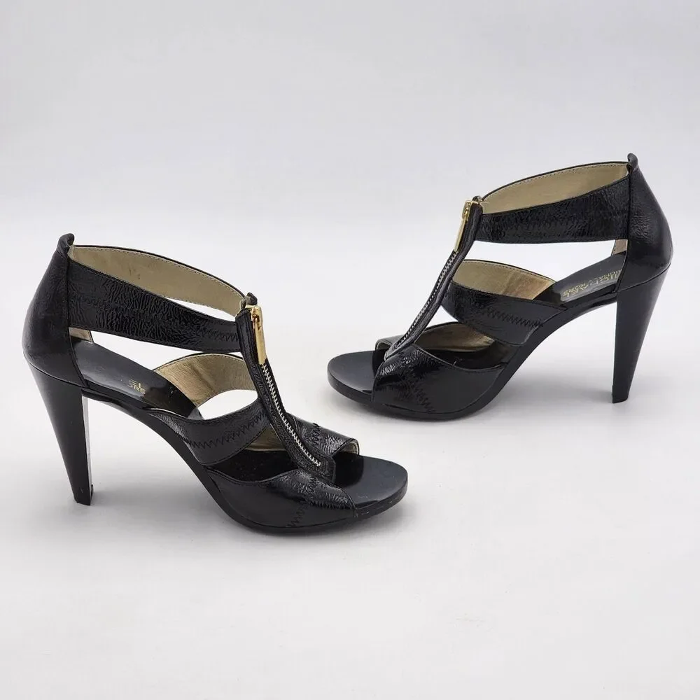 Michael Kors Zipper Patent Leather Strappy Peep Toe Heels Black Gold Size 8.5